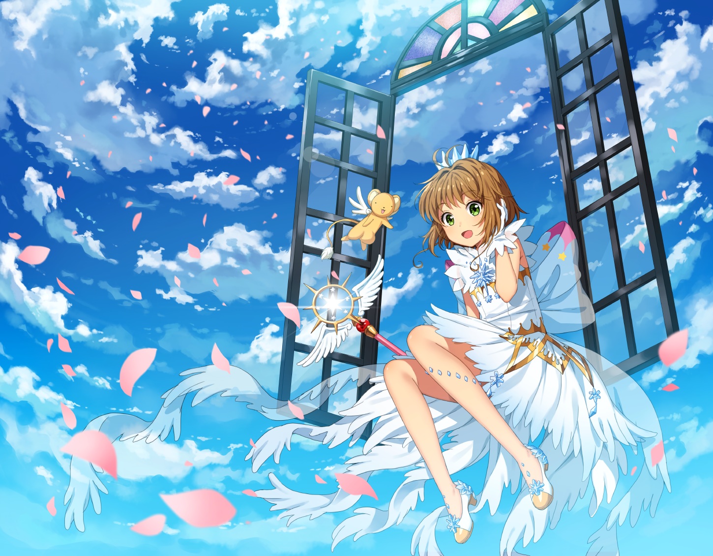 brown_hair, card_captor_sakura, clouds, dress, gloves, green_eyes, kero, kim_bae-eo