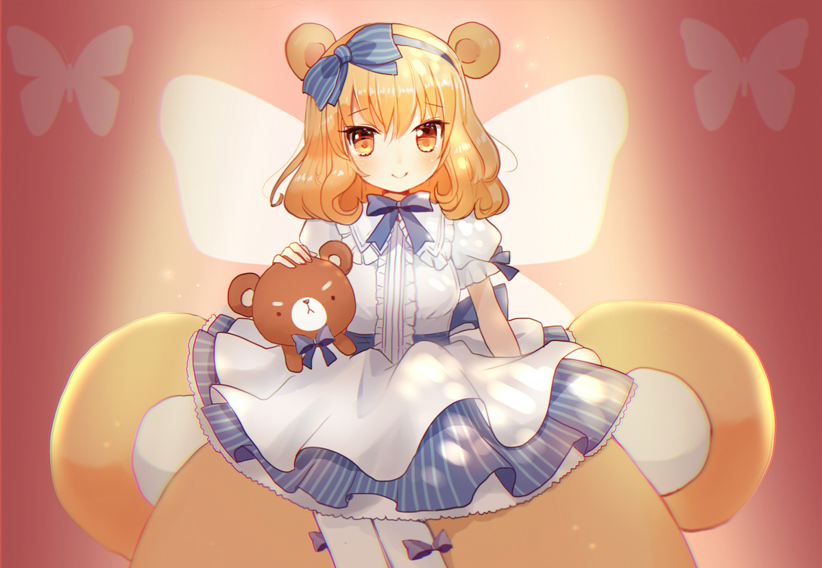 bow, butterfly, dress, headband, lolita_fashion, maodouzi, orange_eyes, orange_hair, original, short_hair, teddy_bear, wings