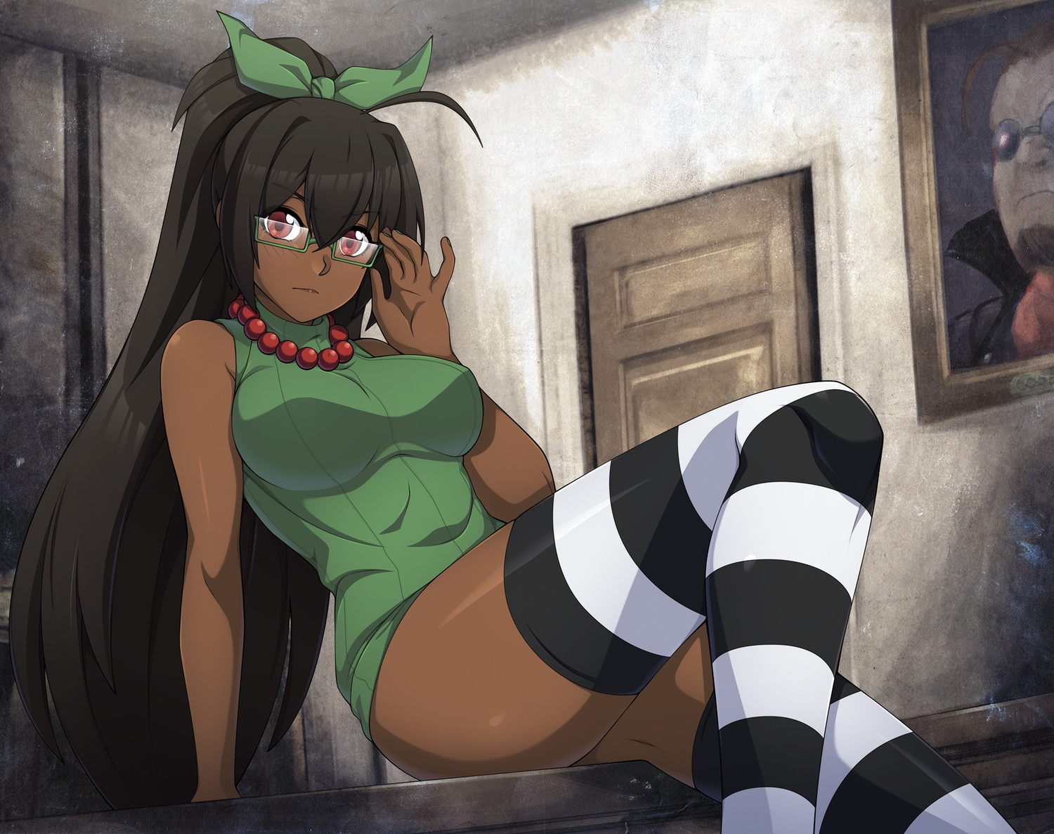 black_hair, cyron_tanryoku, dark_skin, dress, glasses, long_hair, necklace, original, ponytail, red_eyes, spikewible, thighhighs