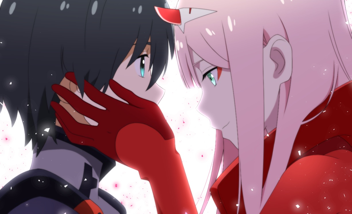 aqua_eyes, black_hair, close, darling_in_the_franxx, gloves, green_eyes, hiro_(darling_in_the_franxx), horns, maiko_(mimi), male, pink_hair, short_hair, zero_two