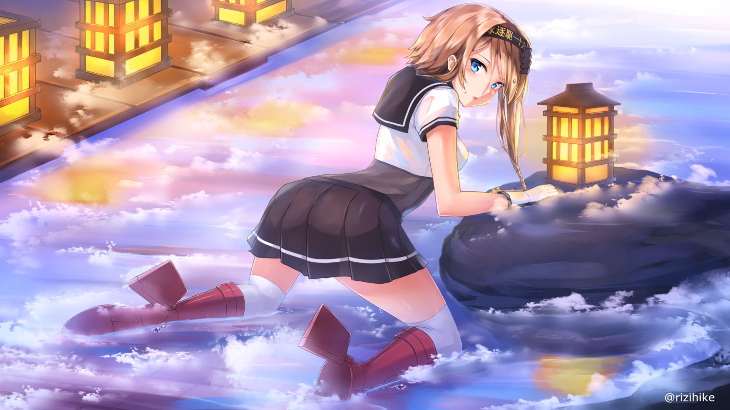 anthropomorphism, blonde_hair, blue_eyes, braids, gloves, kantai_collection, long_hair, rizihike