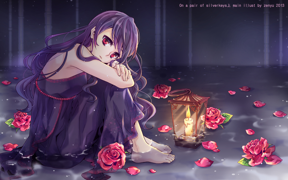 barefoot, dress, flowers, long_hair, original, purple_hair, red_eyes, rose