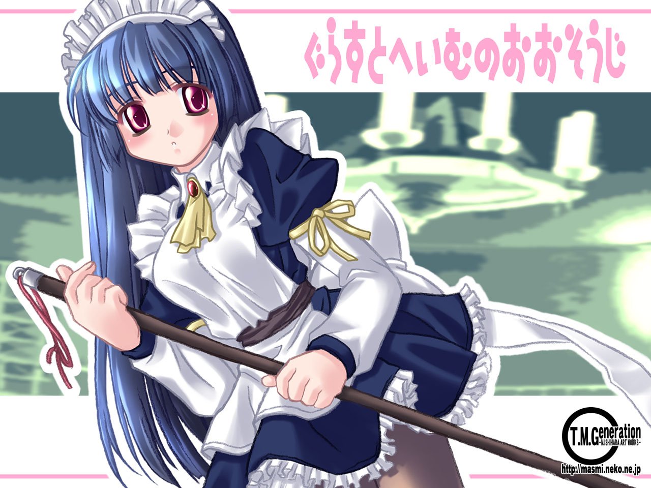 apron, blue_hair, blush, bow, headdress, ishihara_masumi, jpeg_artifacts, long_hair