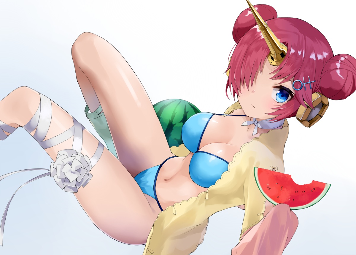 aqua_eyes, bikini, fate/grand_order, fate_(series), food, frankenstein, fruit, gomashi_(goma), gradient, horns, navel, open_shirt, pink_hair, short_hair, swimsuit, watermelon, white