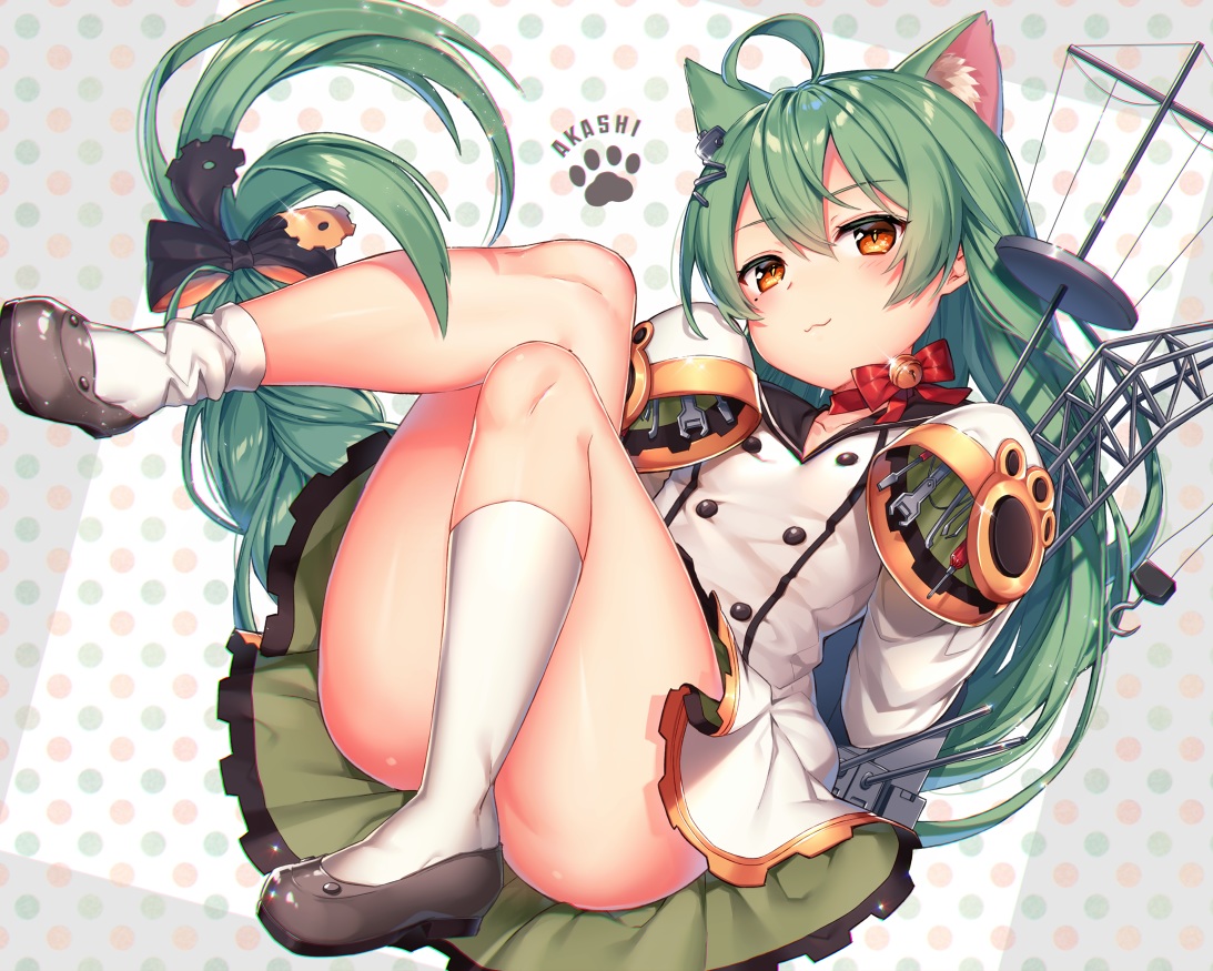 akashi_(azur_lane), animal_ears, anthropomorphism, ass, azur_lane, bell, blush, bow, braids, catgirl, cat_smile, collar, dress, green_hair, kneehighs, loli, long_hair, maru_(sw1tch), orange_eyes, school_uniform