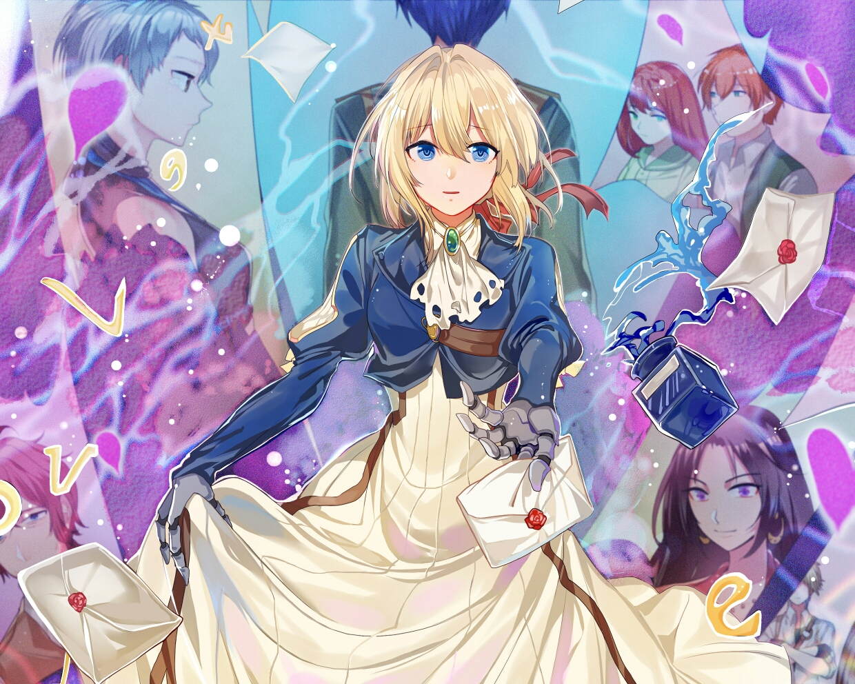 aqua_eyes, blonde_hair, dress, ribbons, short_hair, skirt_lift, techgirl, violet_evergarden, violet_evergarden_(character), wu_se_bu_hui_(940164887)