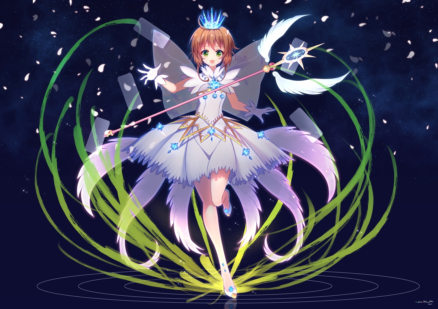 aluppia, blush, brown_hair, card_captor_sakura, crown, dress, gloves, green_eyes