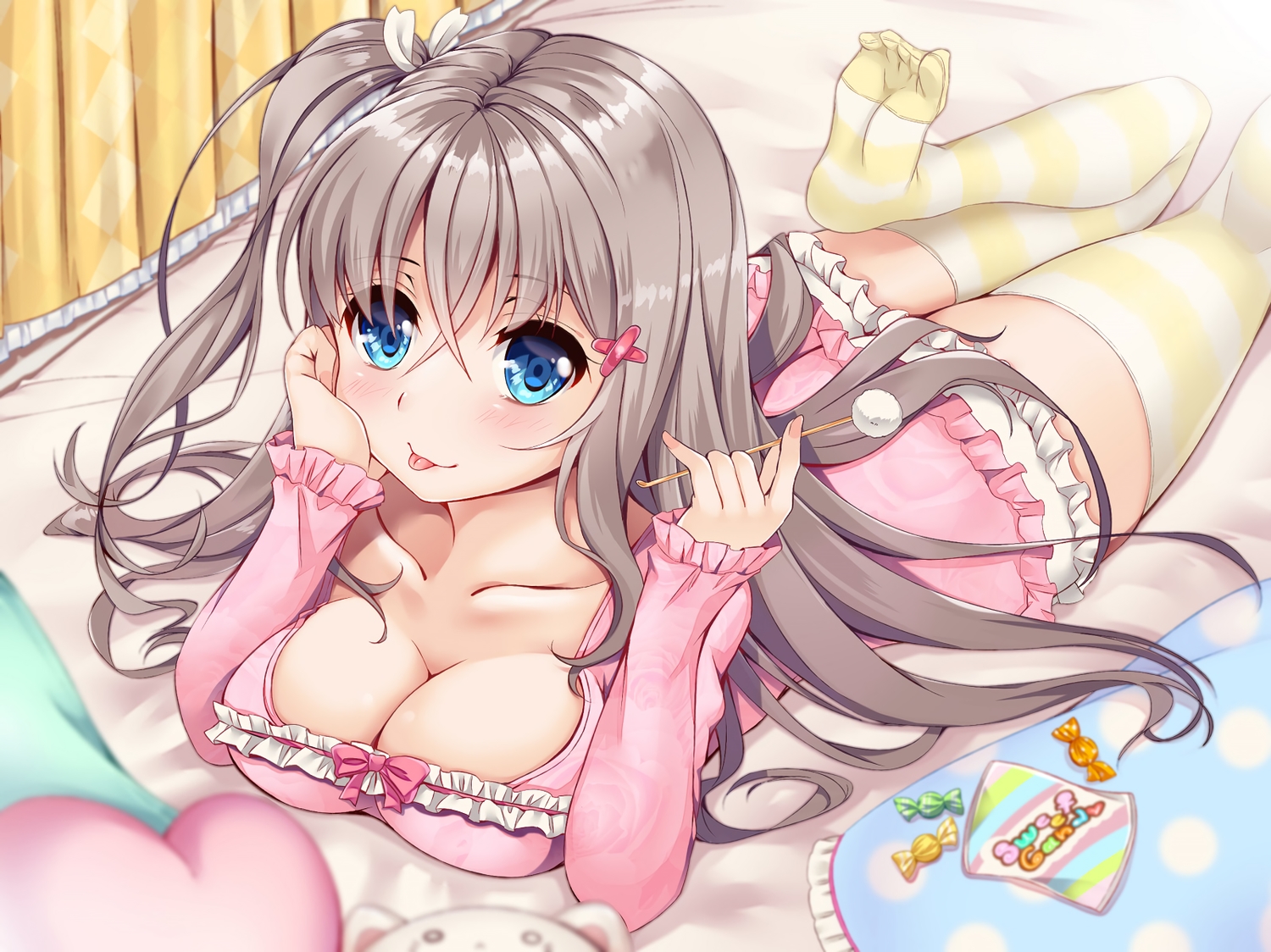 aqua_eyes, blush, breasts, cleavage, dress, gray_hair, ko_yu, long_hair, no_bra, original, ponytail, thighhighs, zettai_ryouiki