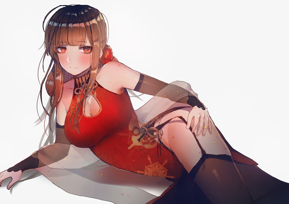 anthropomorphism, breasts, brown_hair, chinese_clothes, chinese_dress, cleavage, dress, dsr-50_(girls_frontline), garter_belt, girls_frontline, hanato_(seonoaiko), long_hair, red_eyes, thighhighs, white