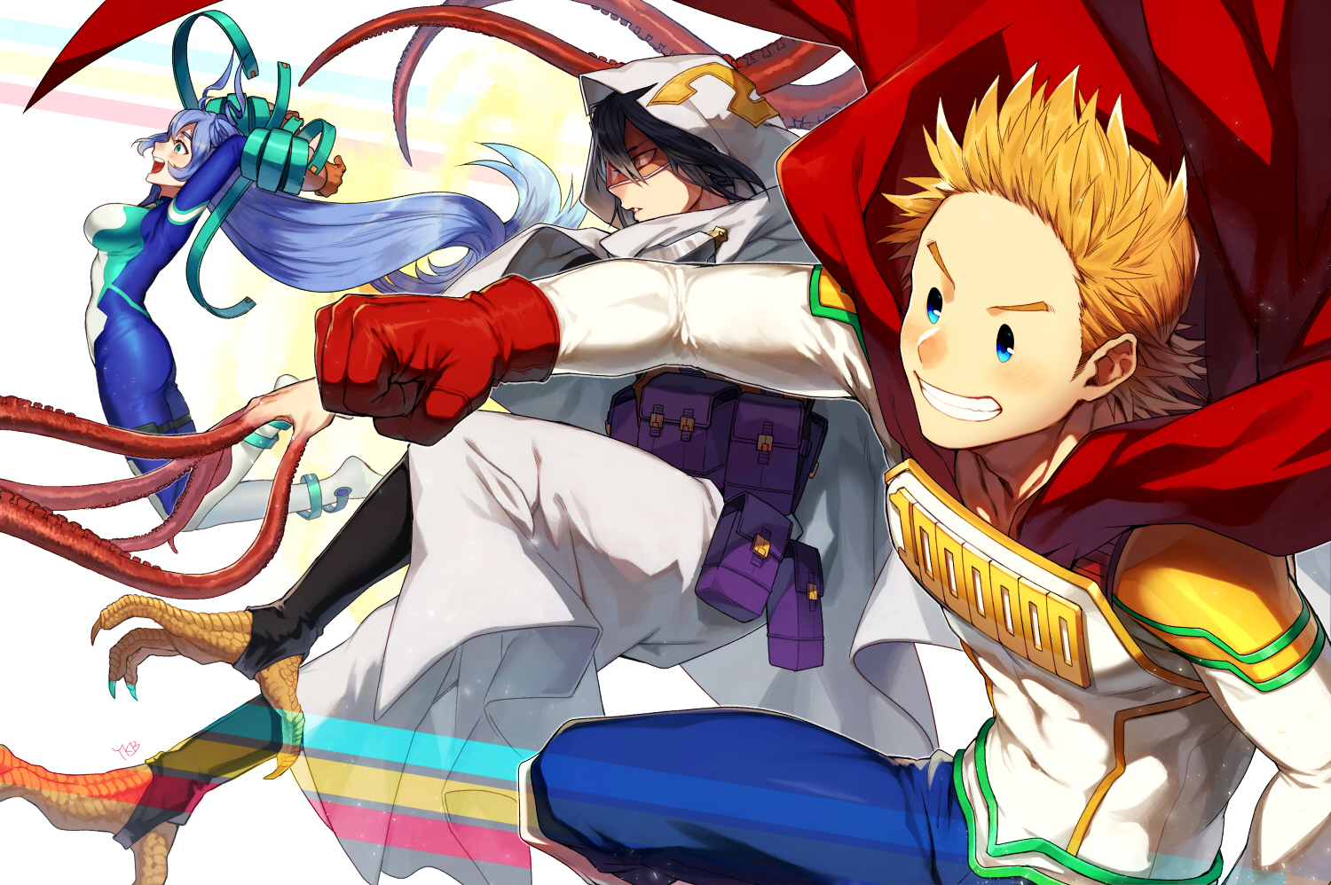 amajiki_tamaki, aqua_eyes, black_hair, blonde_hair, blue_hair, bodysuit, boku_no_hero_academia, breasts, cape, gloves, green_eyes, hadou_nejire, hood, long_hair, male, short_hair, signed, skintight, togata_mirio, yukibi