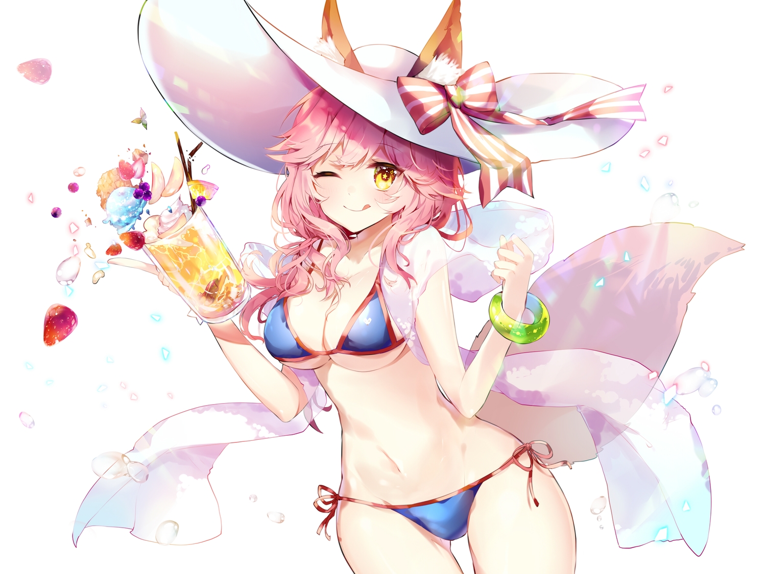 animal_ears, bikini, bow, breasts, fate/grand_order, fate_(series), food, foxgirl