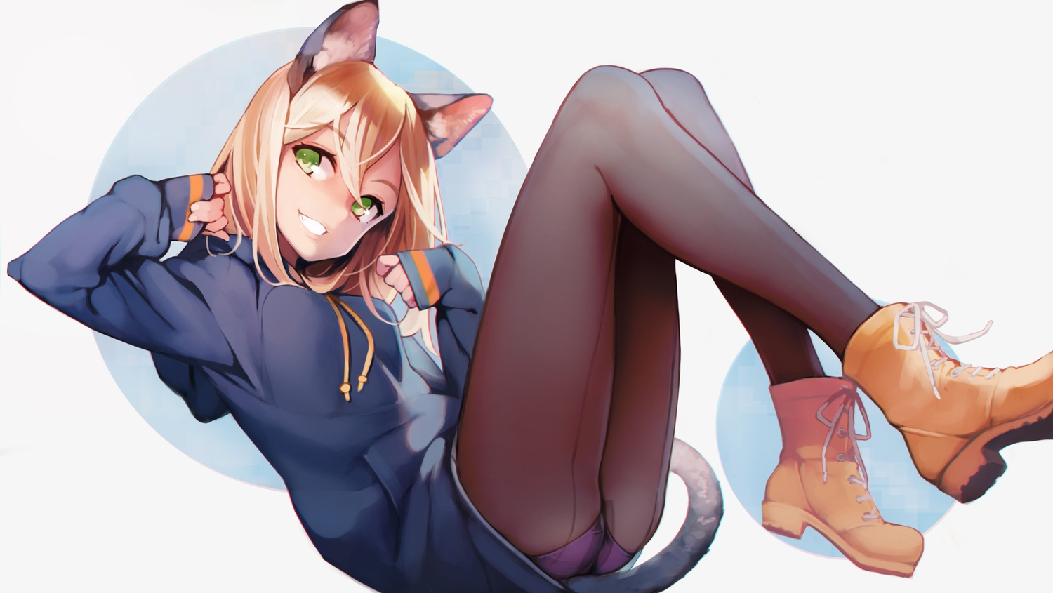 animal_ears, ass, ataruman, blonde_hair, boots, catgirl, green_eyes, hood