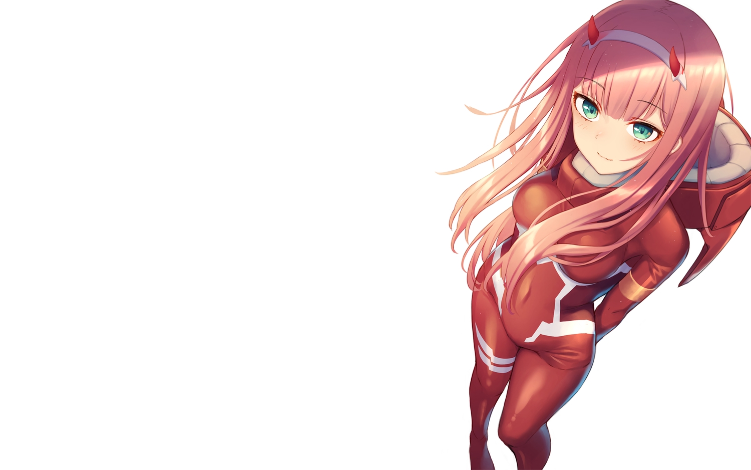 blush, bodysuit, breasts, darling_in_the_franxx, green_eyes, headband, horns, kawami_nami, long_hair, pink_hair, skintight, white, zero_two