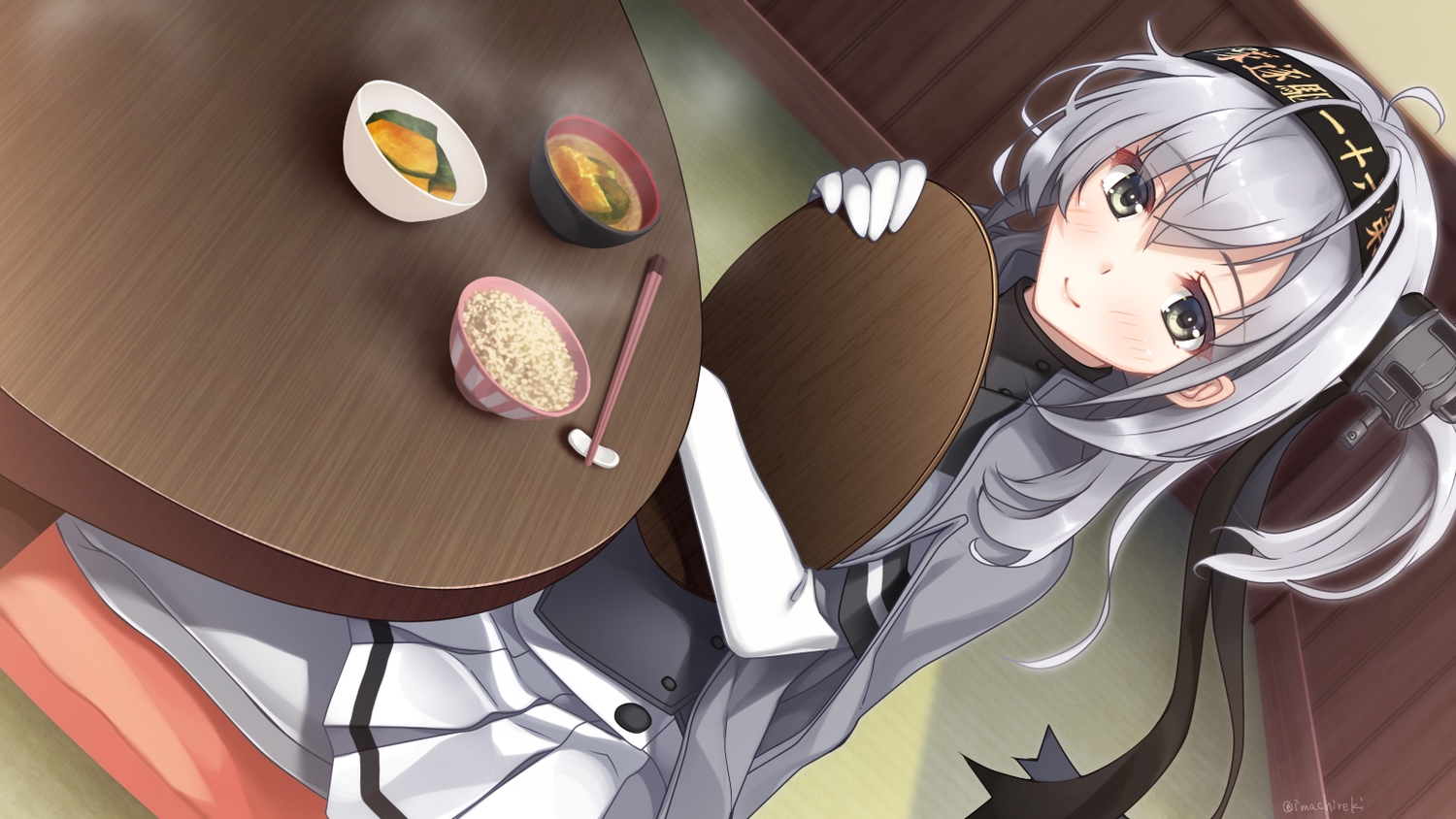 anthropomorphism, blush, elbow_gloves, food, gloves, gray_hair, green_eyes, headband