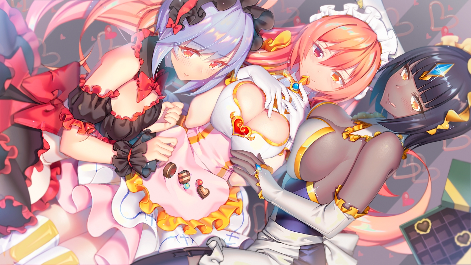 apron, bicolored_eyes, blush, bow, breasts, cleavage, dark_skin, elbow_gloves