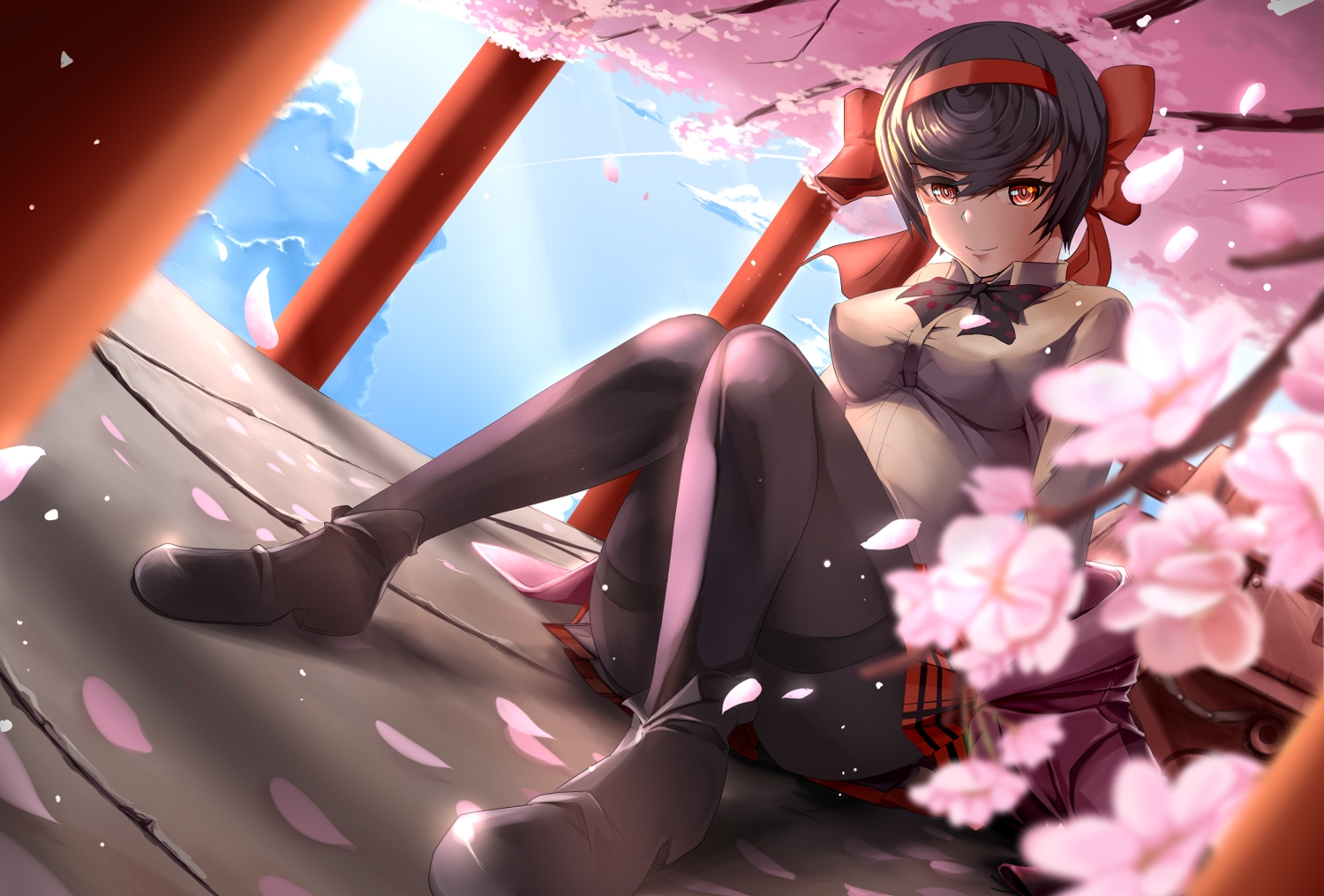 black_hair, bow, cherry_blossoms, clouds, erect_nipples, flowers, girls_und_panzer, pantyhose, school_uniform, short_hair, skirt, sky, tagme_(artist), tree, tsuruki_shizuka