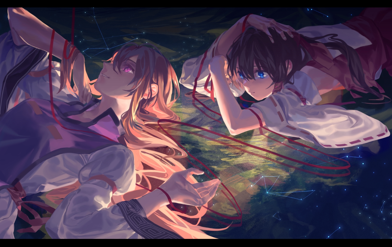2girls, blonde_hair, blue_eyes, brown_hair, dress, hakurei_reimu, japanese_clothes, long_hair, miko, ouka_musci, purple_eyes, ribbons, touhou, yakumo_yukari