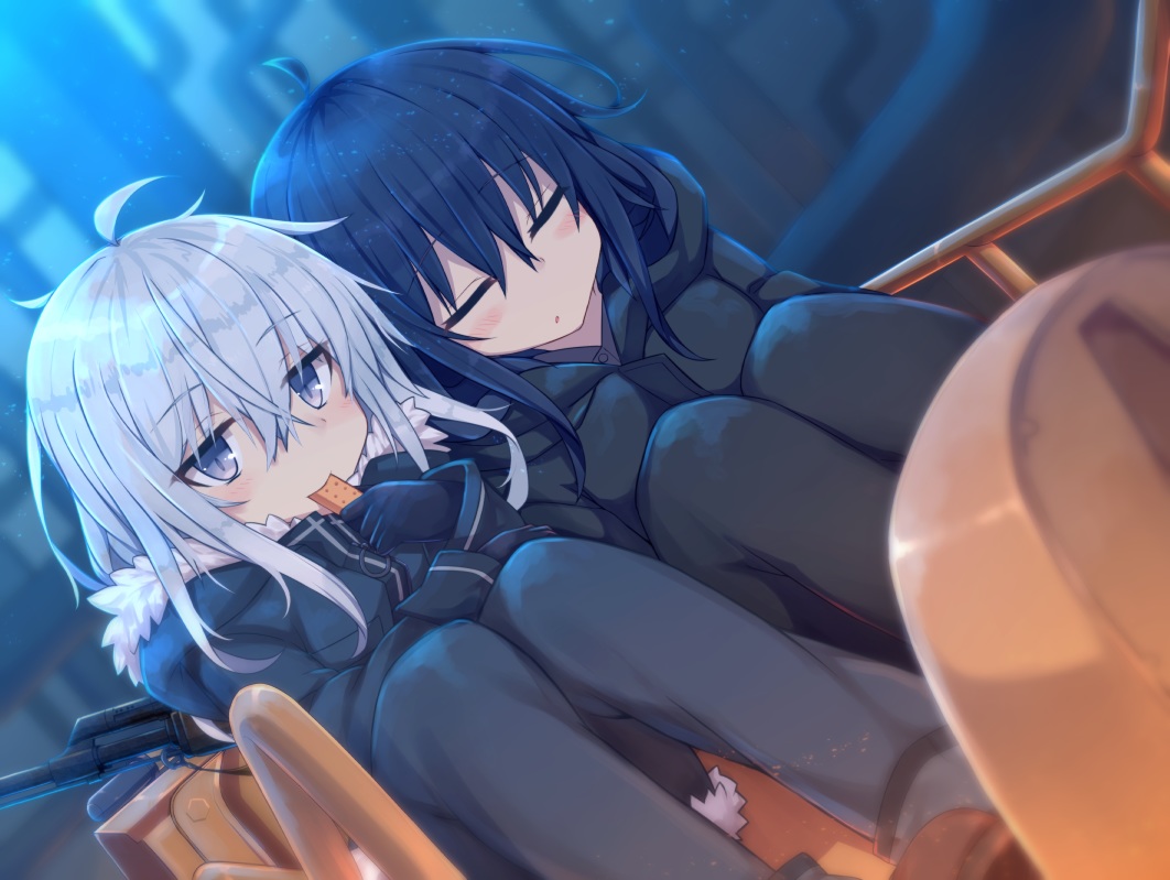 2girls, akatsuki_(kancolle), anthropomorphism, black_hair, blush, food, gun, hibiki_(kancolle), hood, kantai_collection, parody, shinopoko, short_hair, shoujo_shuumatsu_ryoukou, sleeping, weapon, white_hair