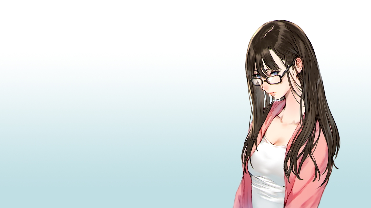 blue_eyes, breasts, brown_hair, cleavage, glasses, gradient, long_hair, makimura_shunsuke, original