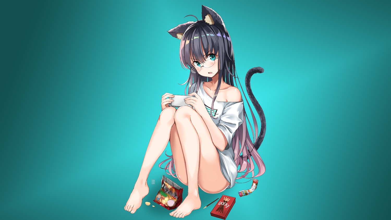 aliasing, animal_ears, aqua_eyes, black_hair, blush, catgirl, fang, food