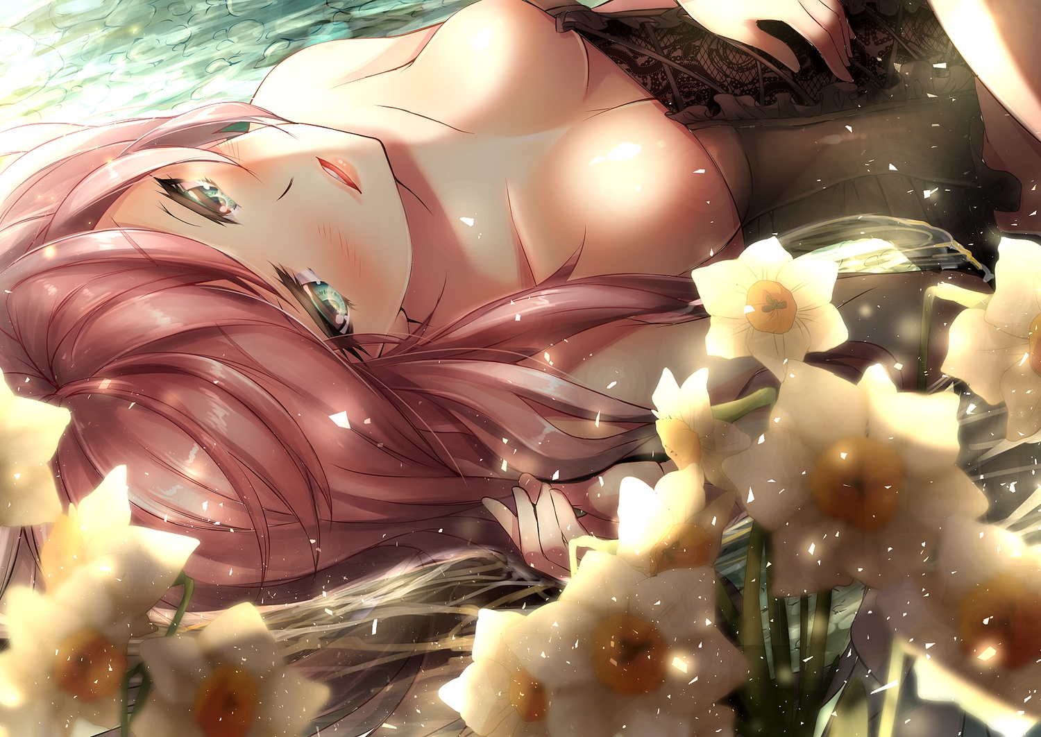 blush, breasts, cleavage, dies_irae, flowers, green_eyes, long_hair, mia_(gute-nacht-07), pink_hair, rusalka_schwagerin, water