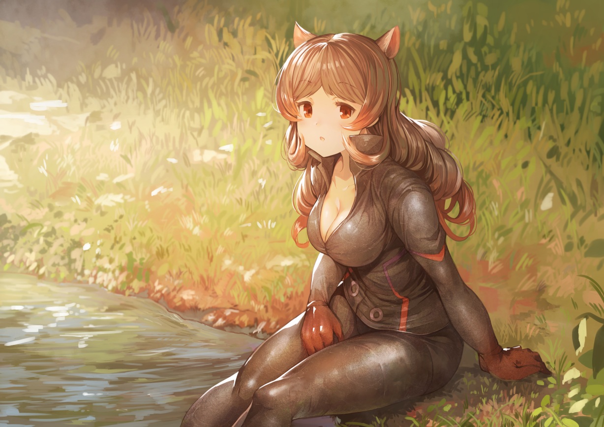 animal_ears, anthropomorphism, breasts, brown_hair, cleavage, gloves, grass, hippopotamus_(kemono_friends), kemono_friends, koruse, long_hair, red_eyes, water