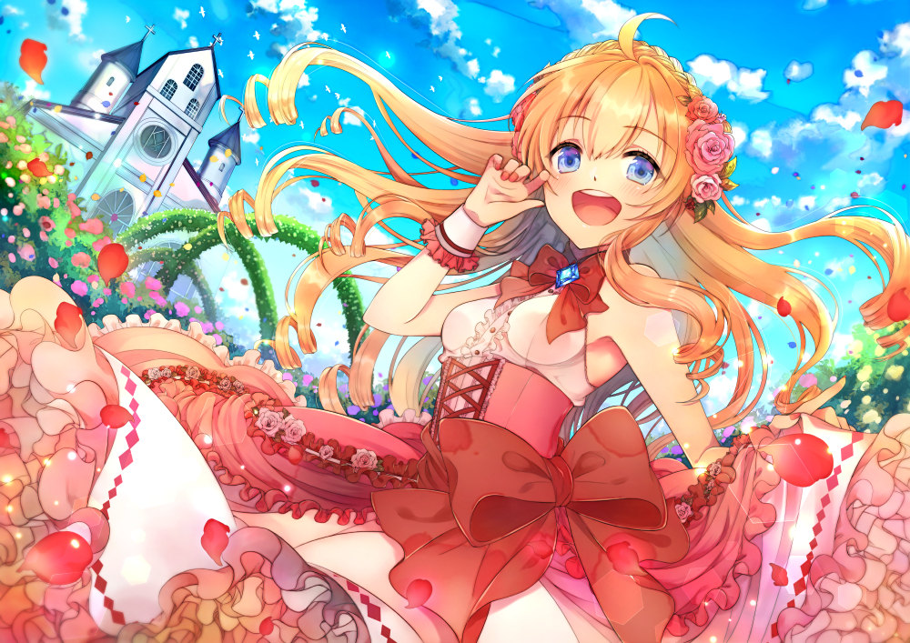 aliasing, blue_eyes, bow, braids, breasts, building, clouds, corset, dress, headdress, kirise, long_hair, necklace, orange_hair, original, petals, sky, wristwear