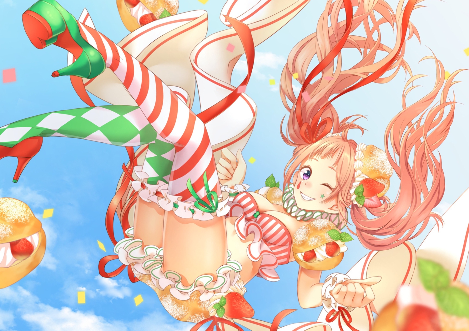 anthropomorphism, bikini_top, breasts, cleavage, clouds, food, fruit, kitazume_kumie