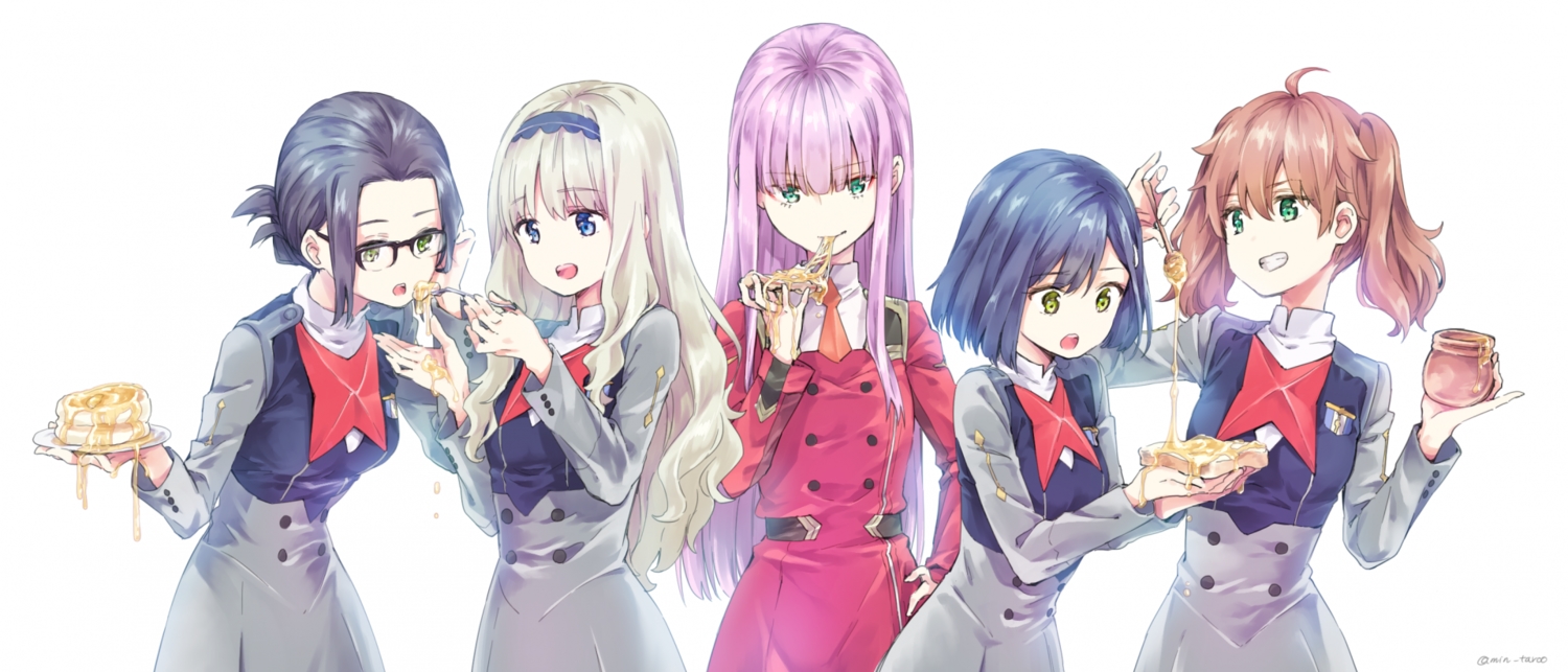 darling_in_the_franxx, food, group, honey, ichigo_(darling_in_the_franxx), ikuno_(darling_in_the_franxx), kokoro_(darling_in_the_franxx), miku_(darling_in_the_franxx)