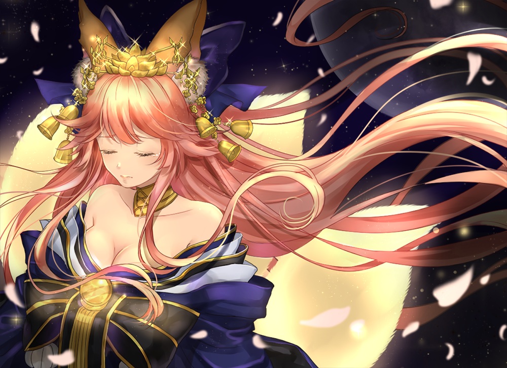 animal_ears, azaka_(rionrita), bell, breasts, cleavage, fate/grand_order, fate_(series), foxgirl, headdress, japanese_clothes, multiple_tails, pink_hair, tail, tamamo_no_mae_(fate)