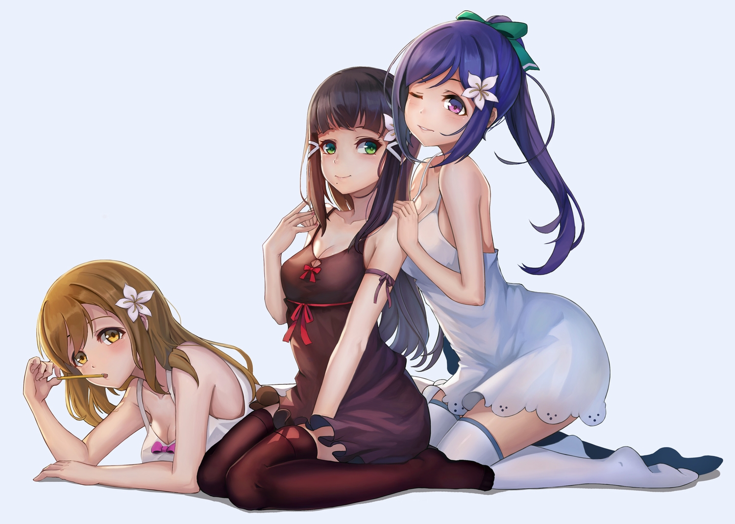 black_hair, blue_hair, breasts, brown_hair, cleavage, dress, flowers, green_eyes, kunikida_hanamaru, kurosawa_dia, long_hair, love_live!_school_idol_project, love_live!_sunshine!!, matsuura_kanan, ponytail, purple_eyes, ribbons, summer_dress, thighhighs, vococo, white, yellow_eyes