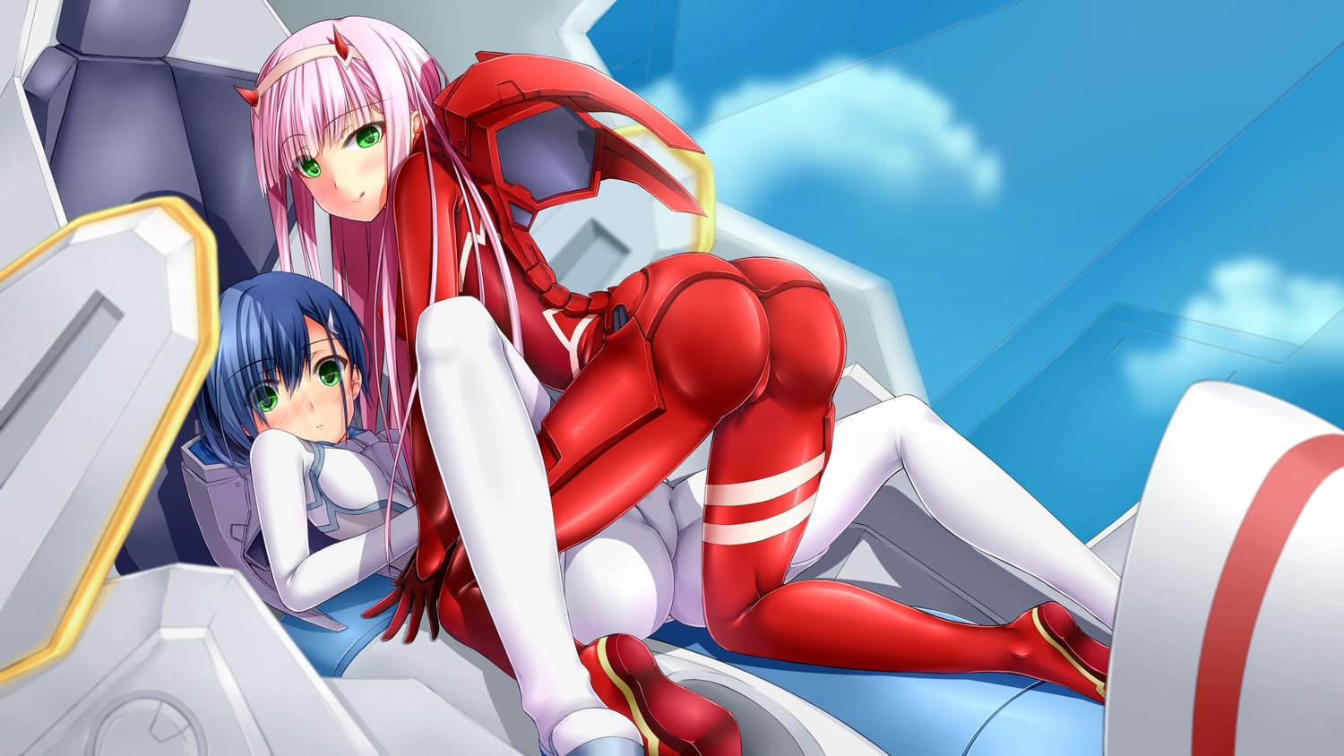 2girls, ass, blue_hair, bodysuit, clouds, darling_in_the_franxx, green_eyes, horns
