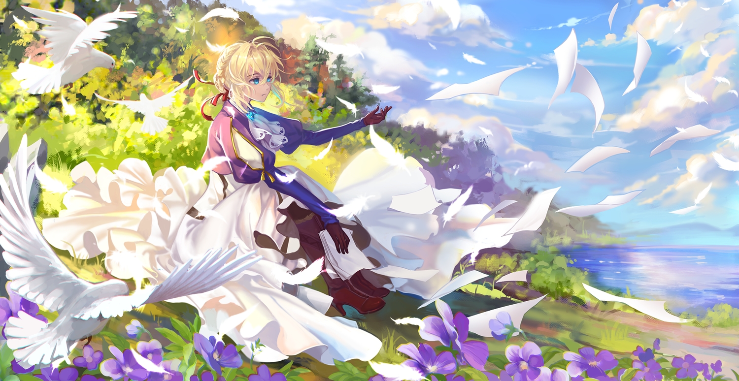 ana_bi, aqua_eyes, blonde_hair, braids, clouds, dress, flowers, paper