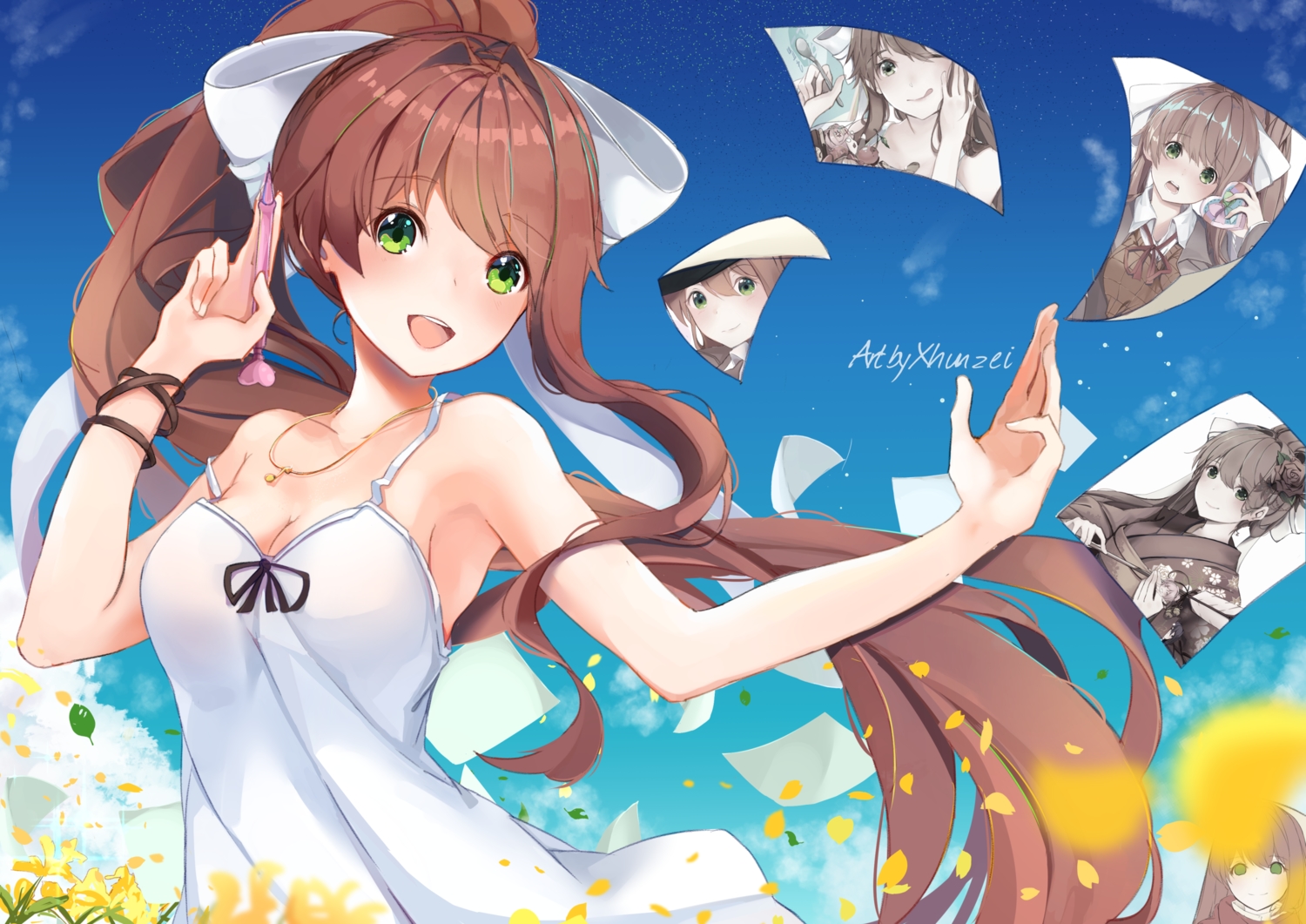 bow, breasts, brown_hair, cleavage, clouds, doki_doki_literature_club!, dress, flowers