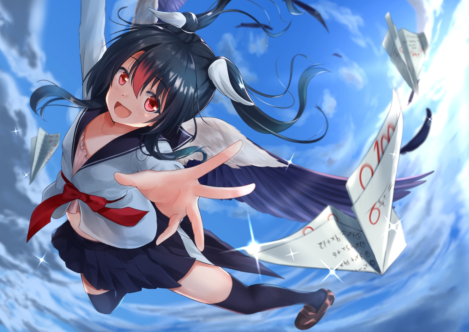 akabane_hibame, black_hair, blush, clouds, kneehighs, long_hair, original, paper