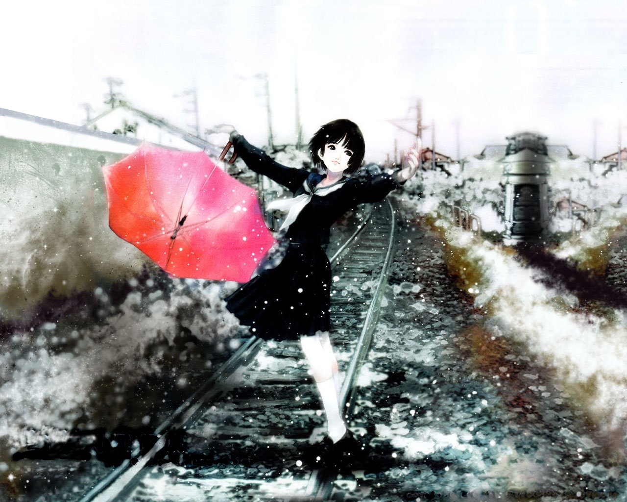 mikimoto_haruhiko, snow, train, umbrella