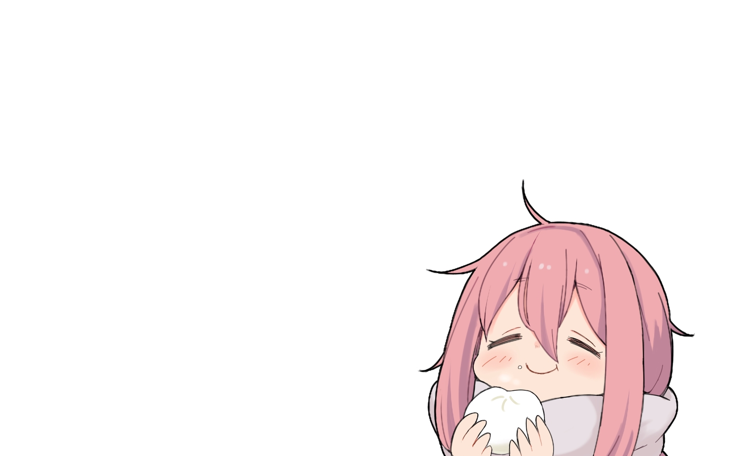 aliasing, blush, chibi, food, kagamihara_nadeshiko, moru_(monaka), pink_hair, waifu2x, white, yuru_camp