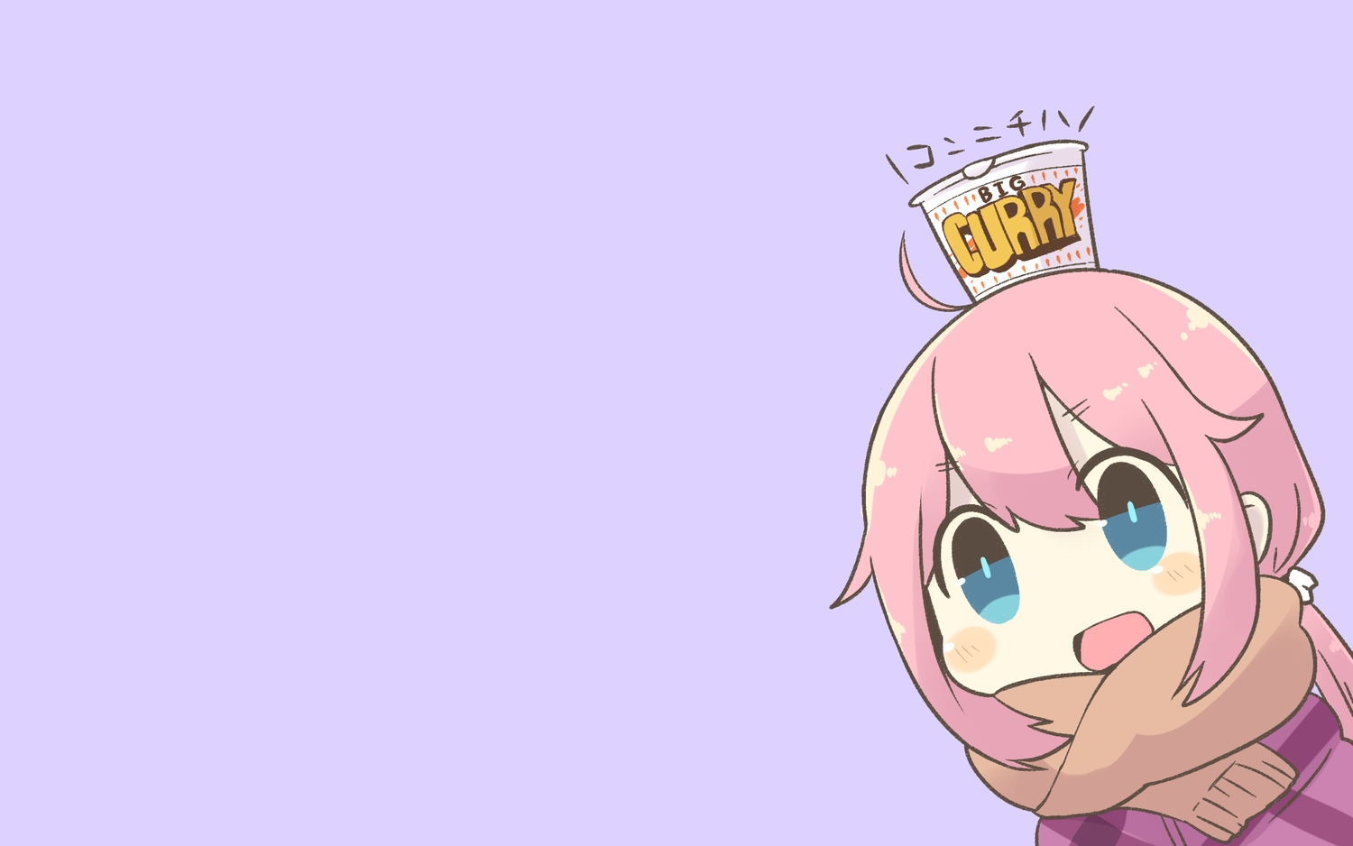 aqua_eyes, blush, chibi, food, inishie, kagamihara_nadeshiko, pink_hair, purple, translation_request, yuru_camp