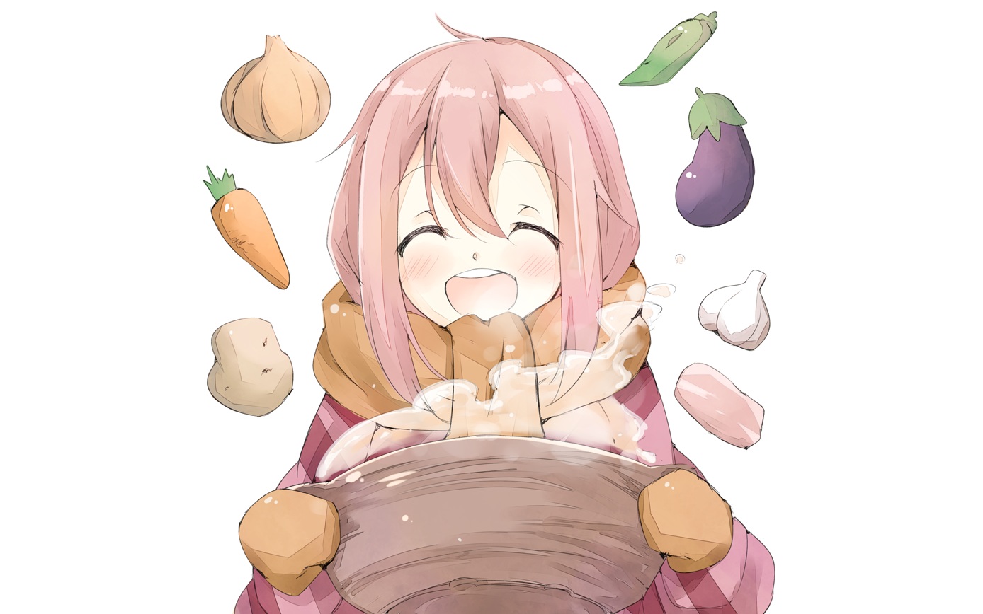 blush, food, gloves, kagamihara_nadeshiko, long_hair, pink_hair, sanpo, white, yuru_camp