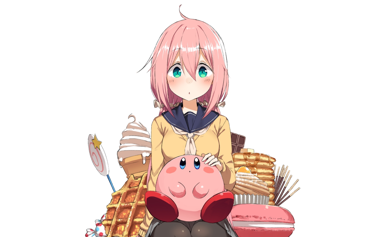 blush, candy, food, green_eyes, kagamihara_nadeshiko, kirby, kirby_(character), long_hair
