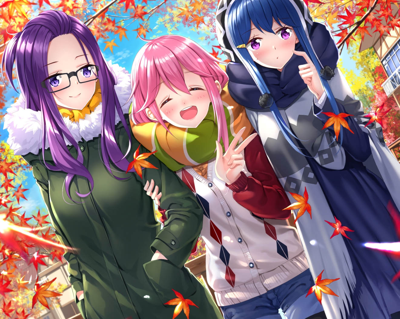 autumn, blue_hair, blush, cropped, glasses, kagamihara_nadeshiko, kagamihara_sakura, leaves