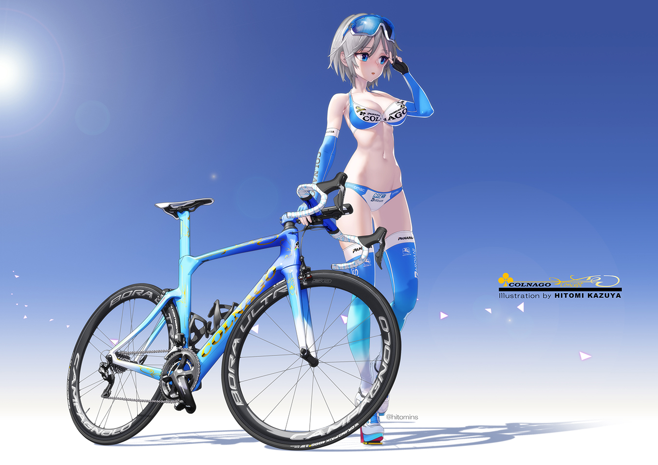 anastasia_(idolmaster), bicycle, bikini, blue_eyes, breasts, cleavage, gloves, gray_hair