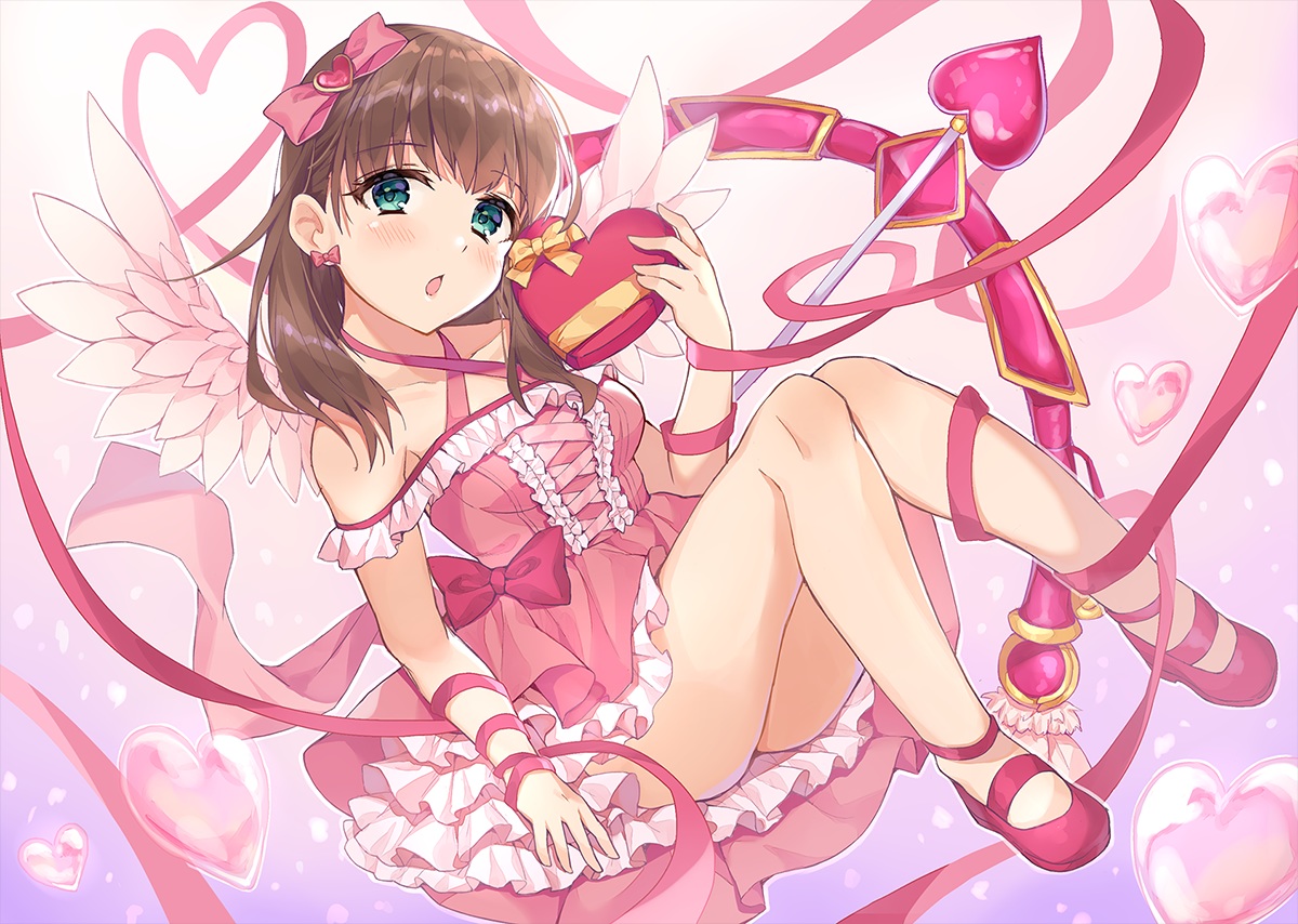 blush, bow, bow_(weapon), brown_hair, chobi_(penguin_paradise), green_eyes, heart, idolmaster