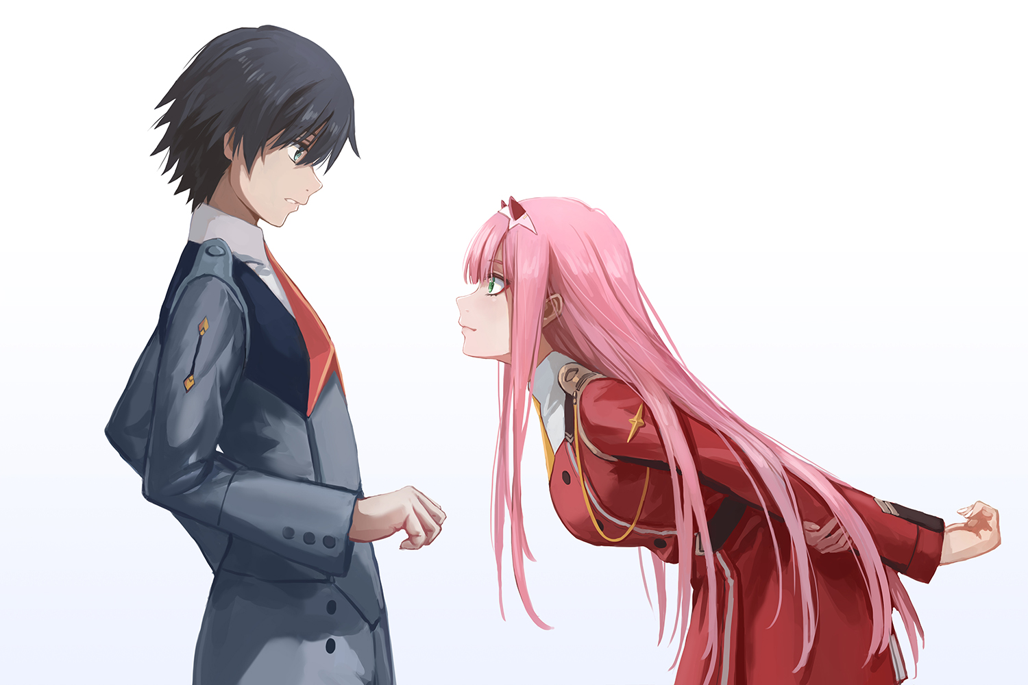 aqua_eyes, black_hair, darling_in_the_franxx, dress, green_eyes, headband, hiro_(darling_in_the_franxx), horns, long_hair, male, pink_hair, redpoke, short_hair, uniform, white, zero_two