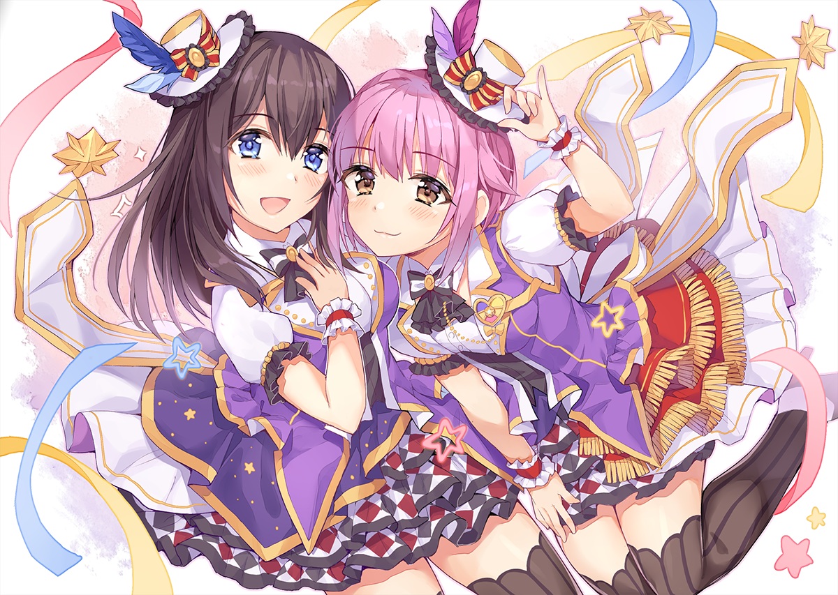 2girls, blue_eyes, blush, bow, brown_eyes, brown_hair, chobi_(penguin_paradise), hat