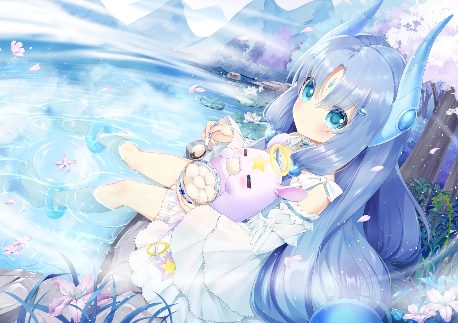 animal, aqua_eyes, barefoot, blue_hair, cat_smile, dress, flowers, food