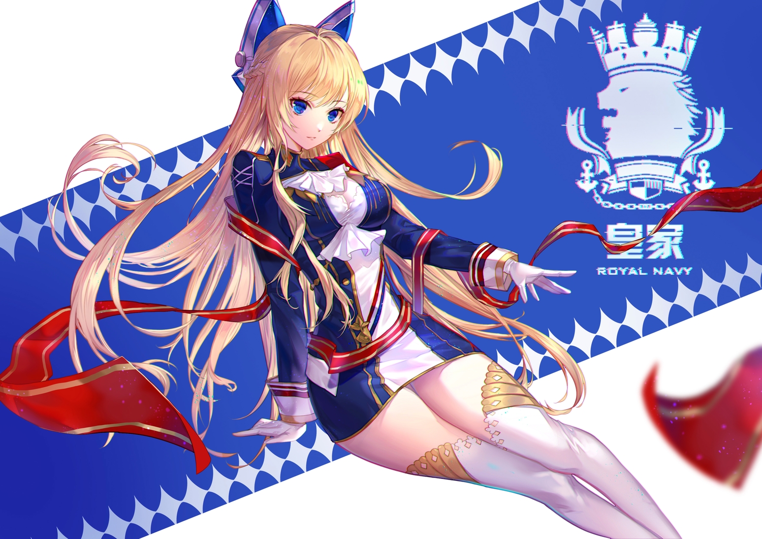 anthropomorphism, azur_lane, blonde_hair, blue_eyes, bow, braids, dress, glorious_(azur_lane), gloves, long_hair, shenteita, thighhighs, uniform