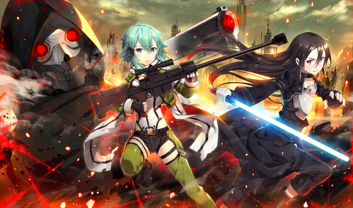 aliasing, aqua_eyes, aqua_hair, black_hair, blush, building, death_gun, gabiran