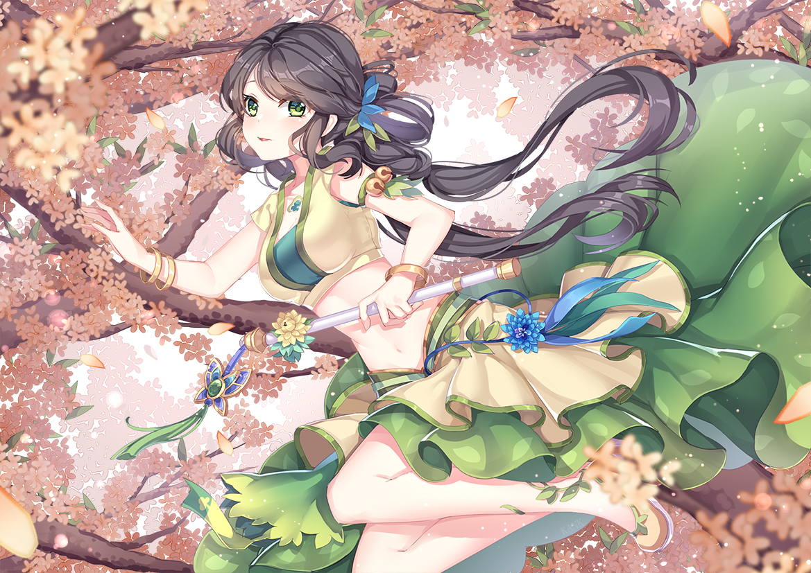 black_hair, green_eyes, kan_(rainconan), long_hair, petals, skirt, tree, twintails