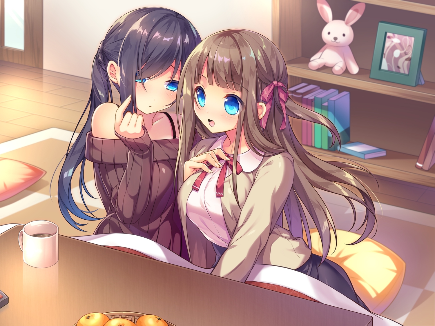 2girls, aqua_eyes, blush, book, brown_hair, drink, food, fruit